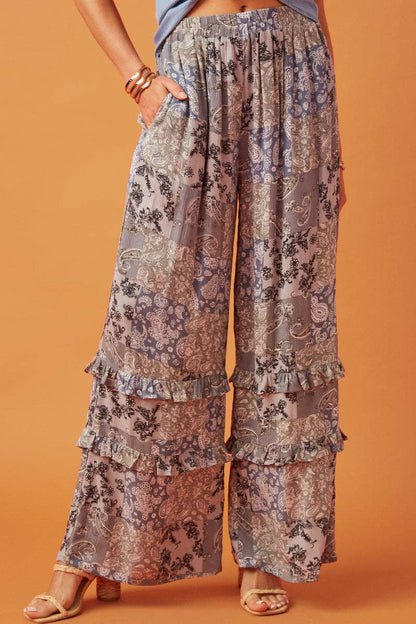 Ruffle Paisley Wide Leg Pants