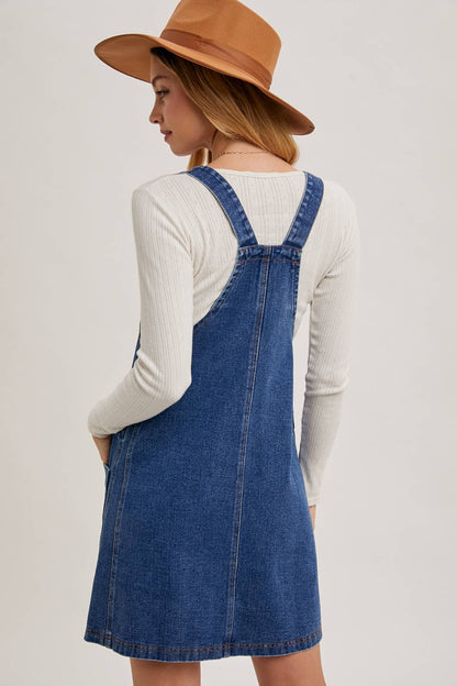 DENIM OVERALL MINI DRESS WITH POCKETS