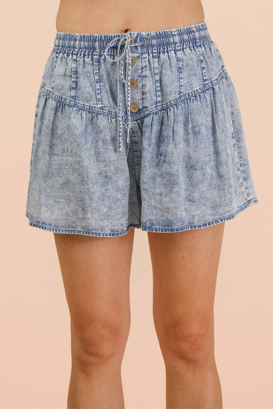 Washed Denim Flare Shorts