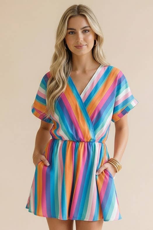 V Neck Multi Stripe Romper
