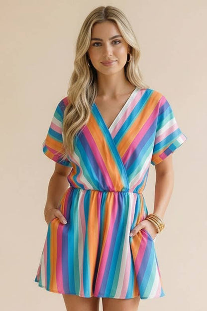 V Neck Multi Stripe Romper
