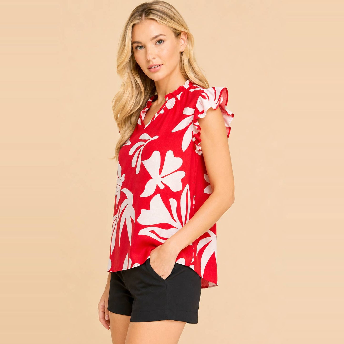 Bold Floral Print Flutter Sleeve Split Neck Blouse
