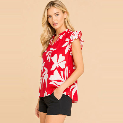 Bold Floral Print Flutter Sleeve Split Neck Blouse