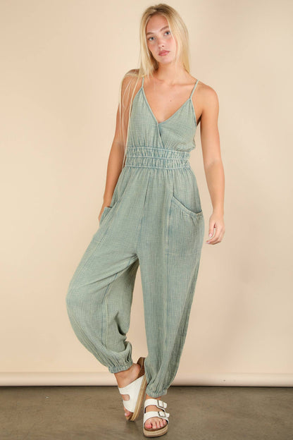 NP70837-Mineral Washed Cotton Gauze Casual Jumpsuit