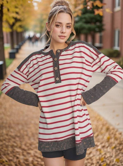 STRIPE & LEOPARD HENLEY - Plus