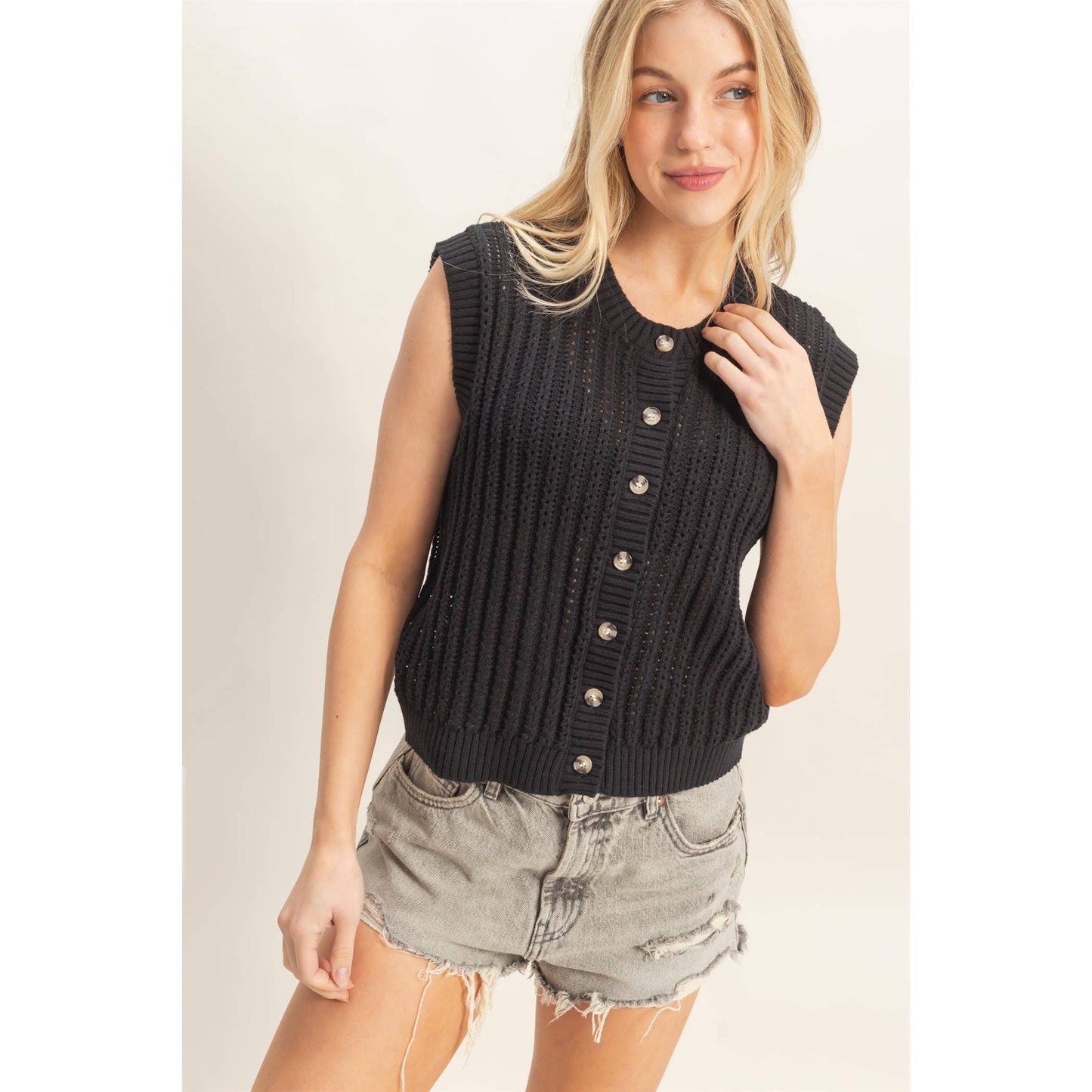 Sleeveless Ribbed Button Top
