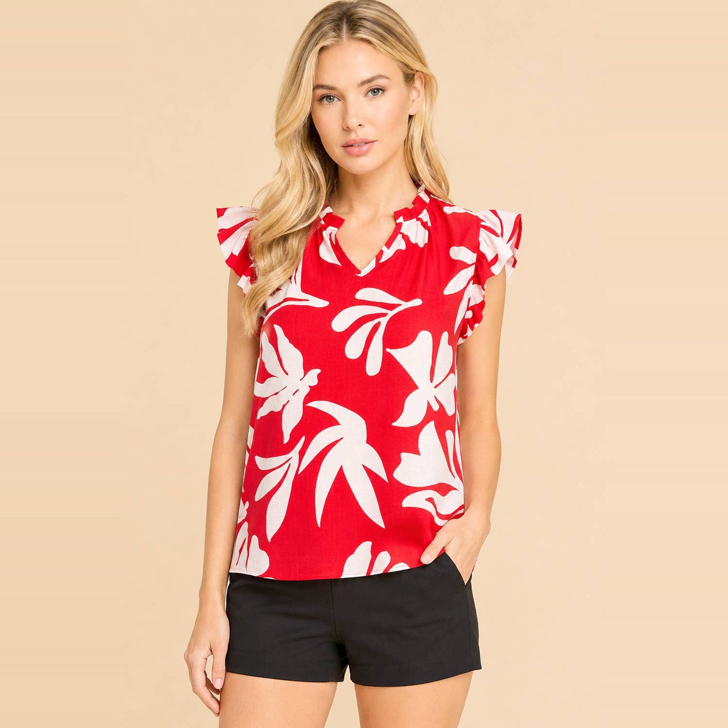 Bold Floral Print Flutter Sleeve Split Neck Blouse