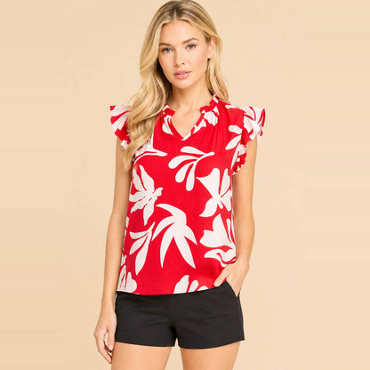 Bold Floral Print Flutter Sleeve Split Neck Blouse