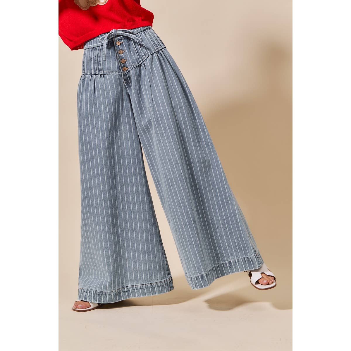 STRIPE DENIM WIDE LEG JEANS WITH BUTTON CLOSURE