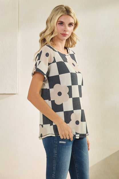 Floral Checkered Knit Top