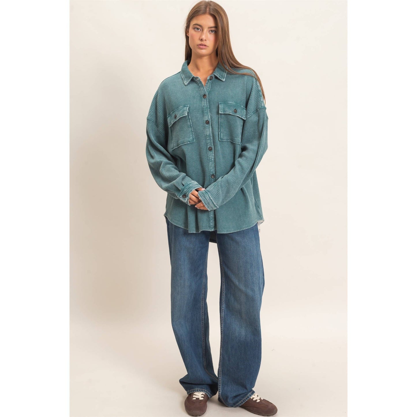 Waffle Knit Button-Up Shacket