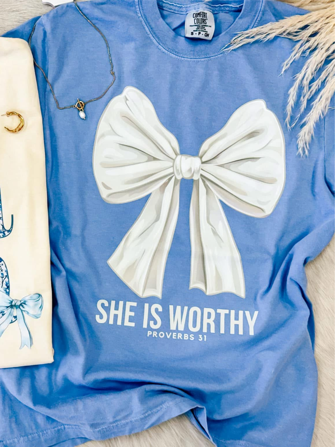 She Is Worthy Blue Bow Tee