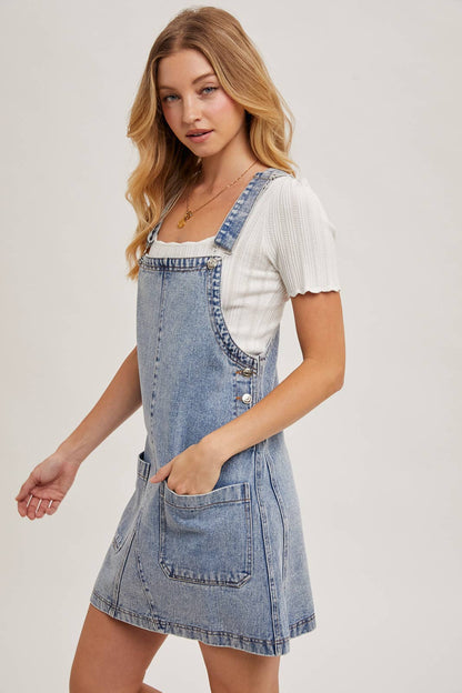 DENIM OVERALL MINI DRESS WITH POCKETS