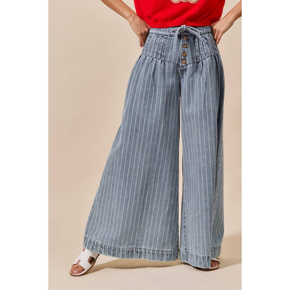 STRIPE DENIM WIDE LEG JEANS WITH BUTTON CLOSURE
