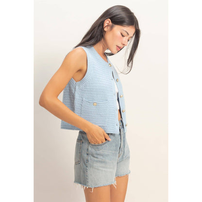 Textured Button Vest With Pocket