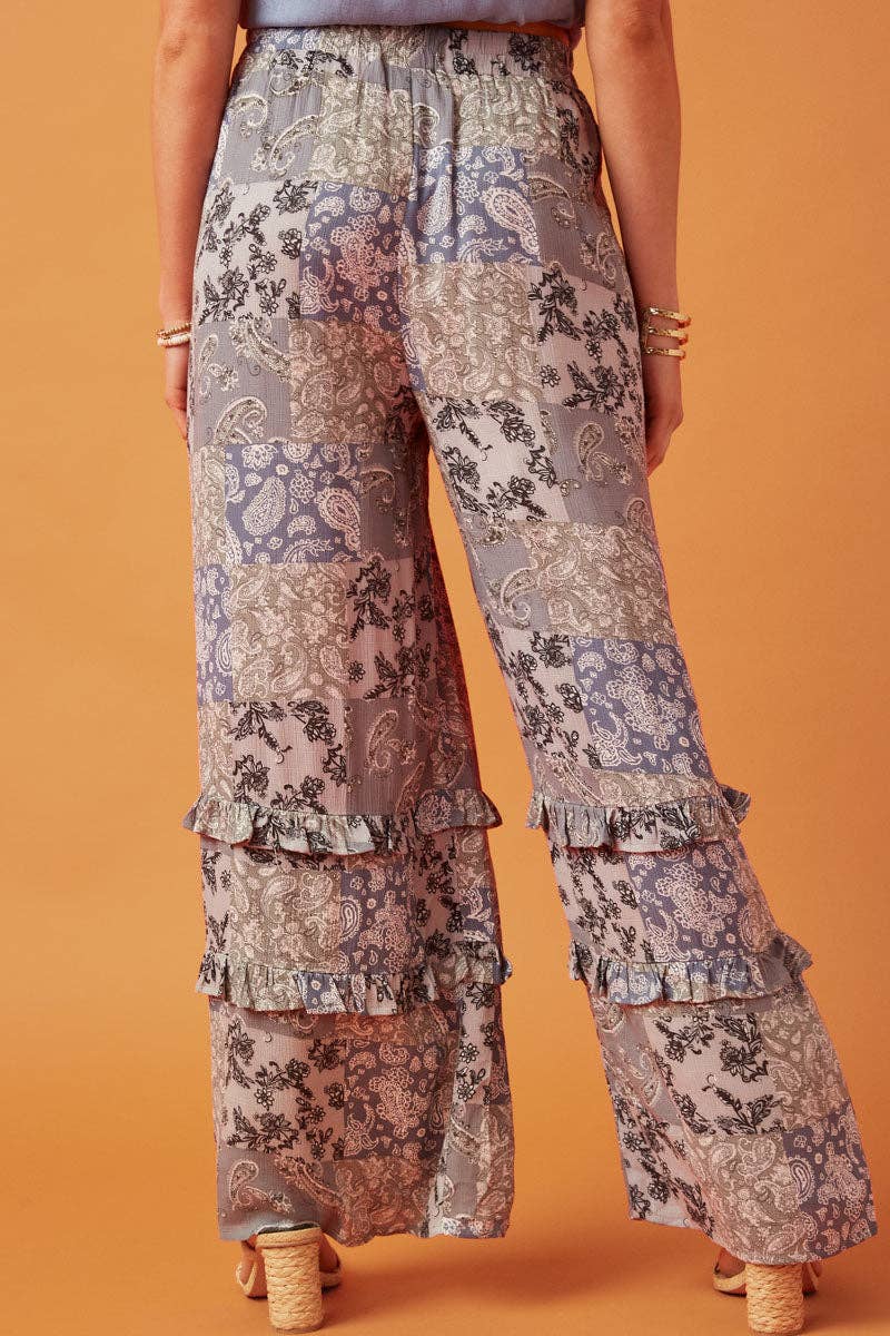 Ruffle Paisley Wide Leg Pants