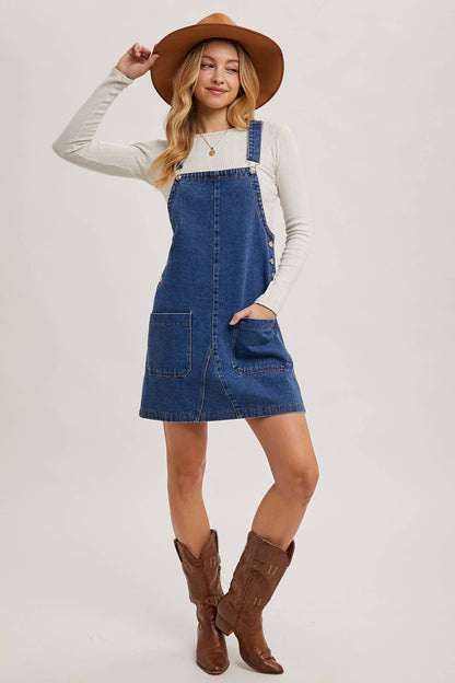 DENIM OVERALL MINI DRESS WITH POCKETS