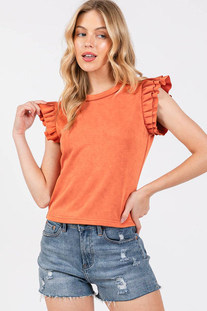 Washed Ruffle Sleeve Top