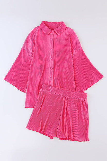 Pleated Shirt and High Waist Shorts Lounge Set