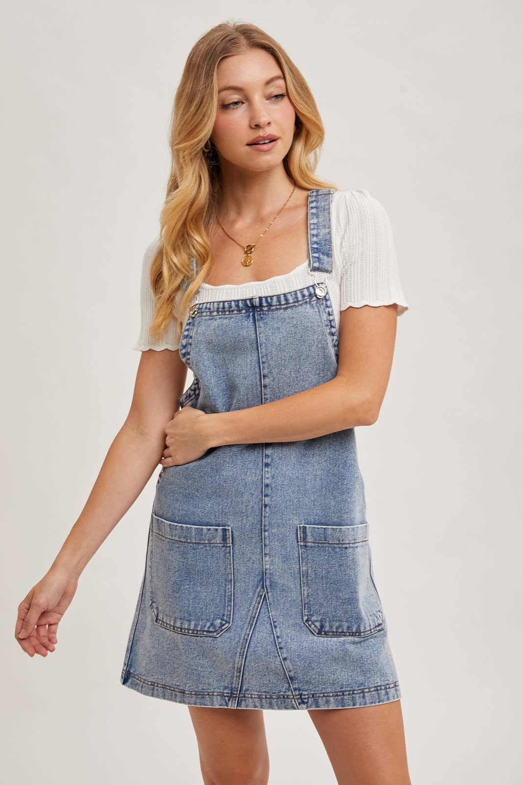 DENIM OVERALL MINI DRESS WITH POCKETS