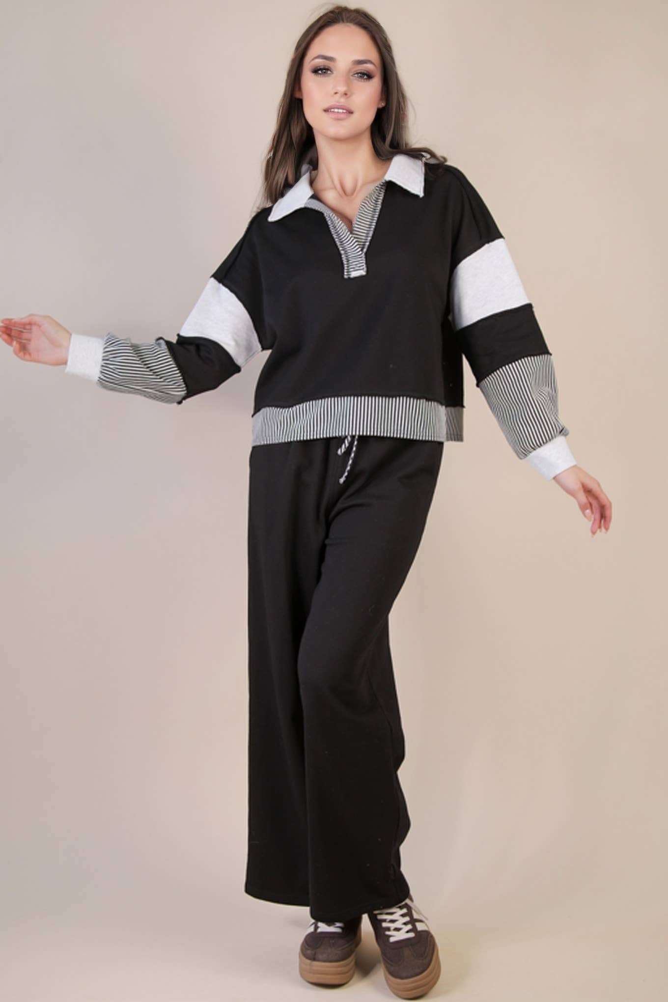 NT12348SET-Color Block Casual Knit Top & Pants Set