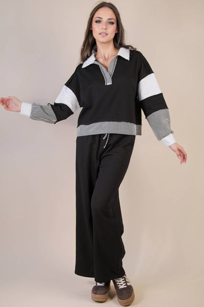 NT12348SET-Color Block Casual Knit Top & Pants Set