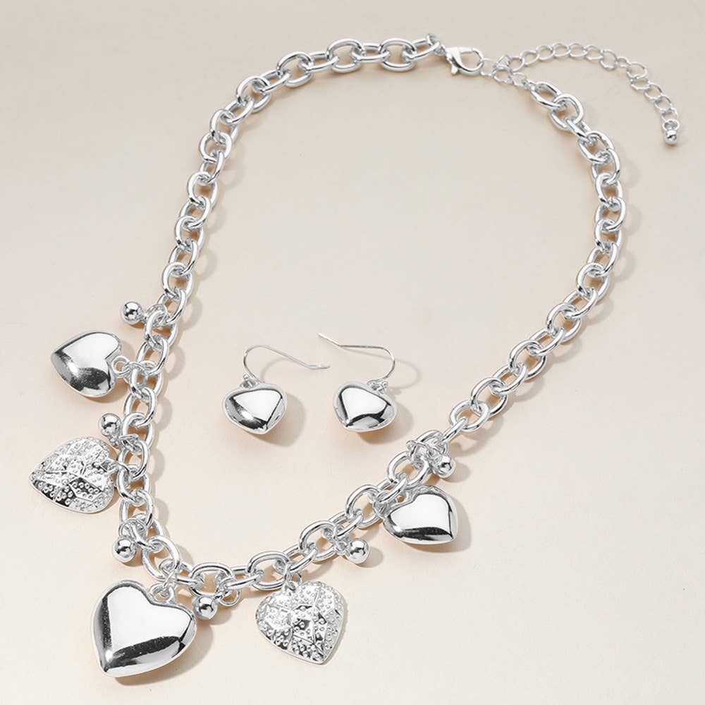 Metal Heart Charm Station Chunky Chain Necklace