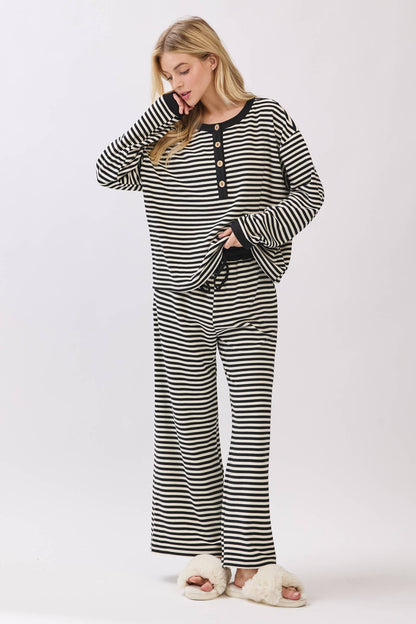 Striped Button Henley Brushed Lounge Set