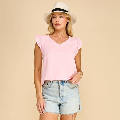 Solid Top with V neck Detail and Ruffled Sleeves