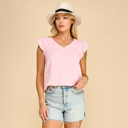 Solid Top with V neck Detail and Ruffled Sleeves