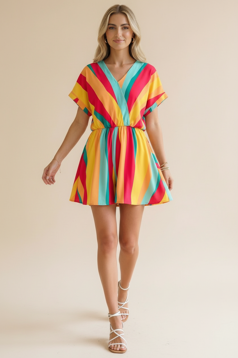 Plus V Neck Multi Stripe Romper