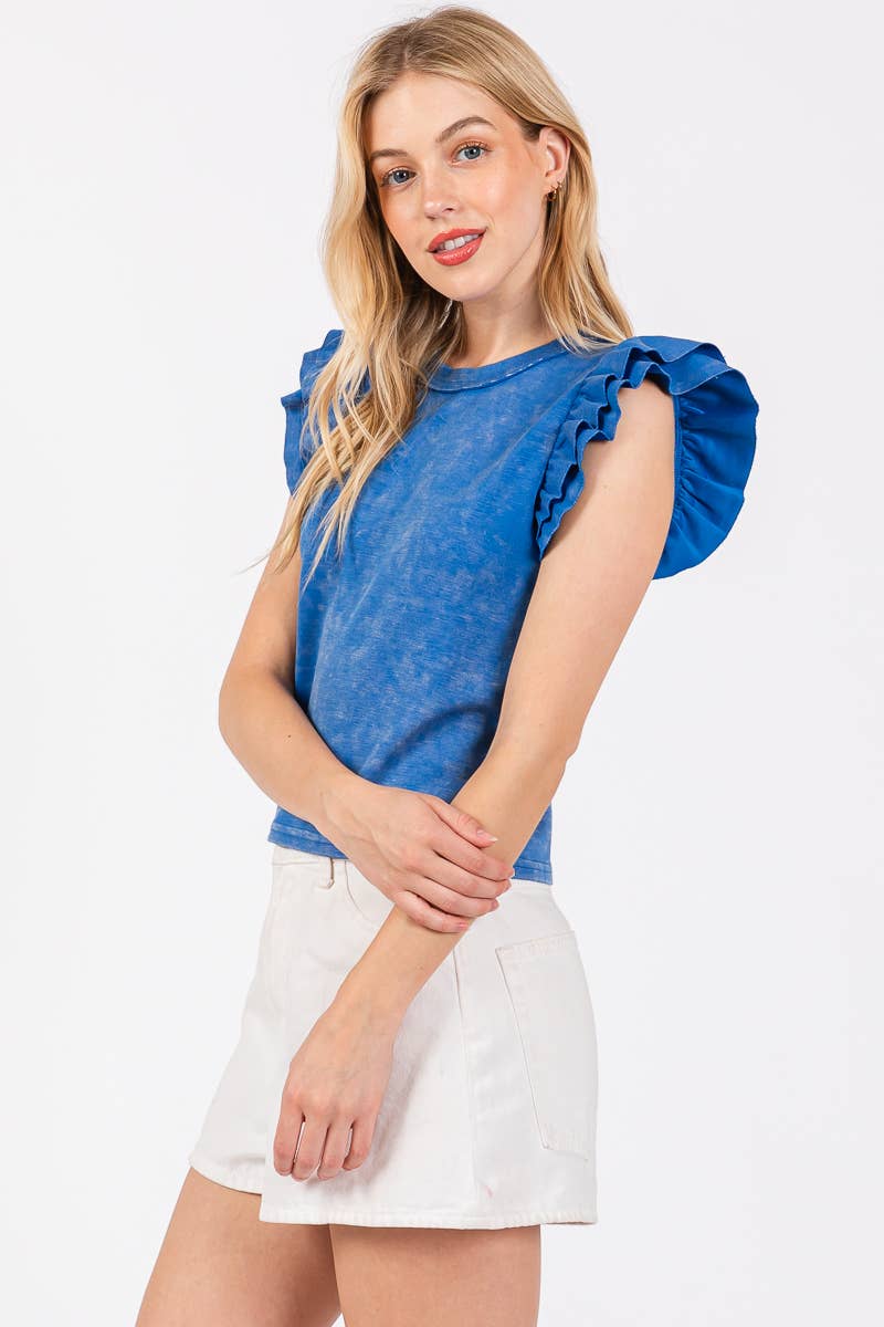 Washed Ruffle Sleeve Top