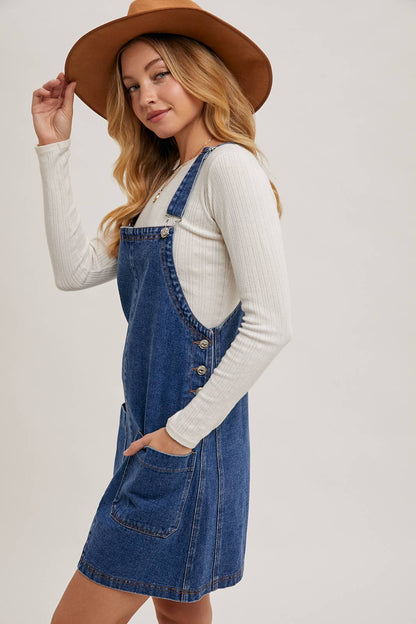 DENIM OVERALL MINI DRESS WITH POCKETS