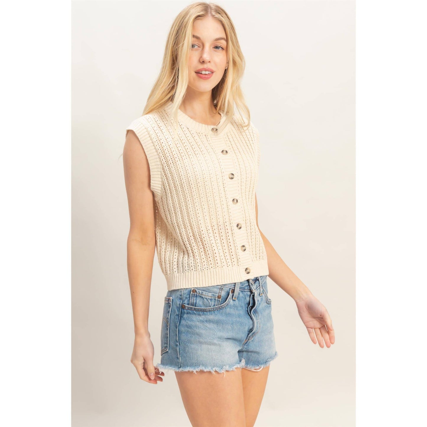 Sleeveless Ribbed Button Top