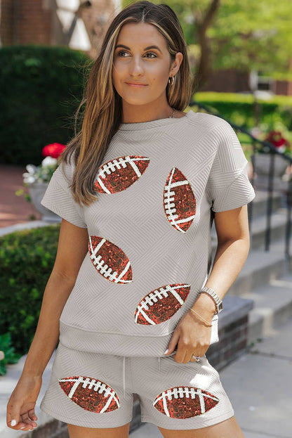 Sequin Rugby Textured T Shirt Shorts Set