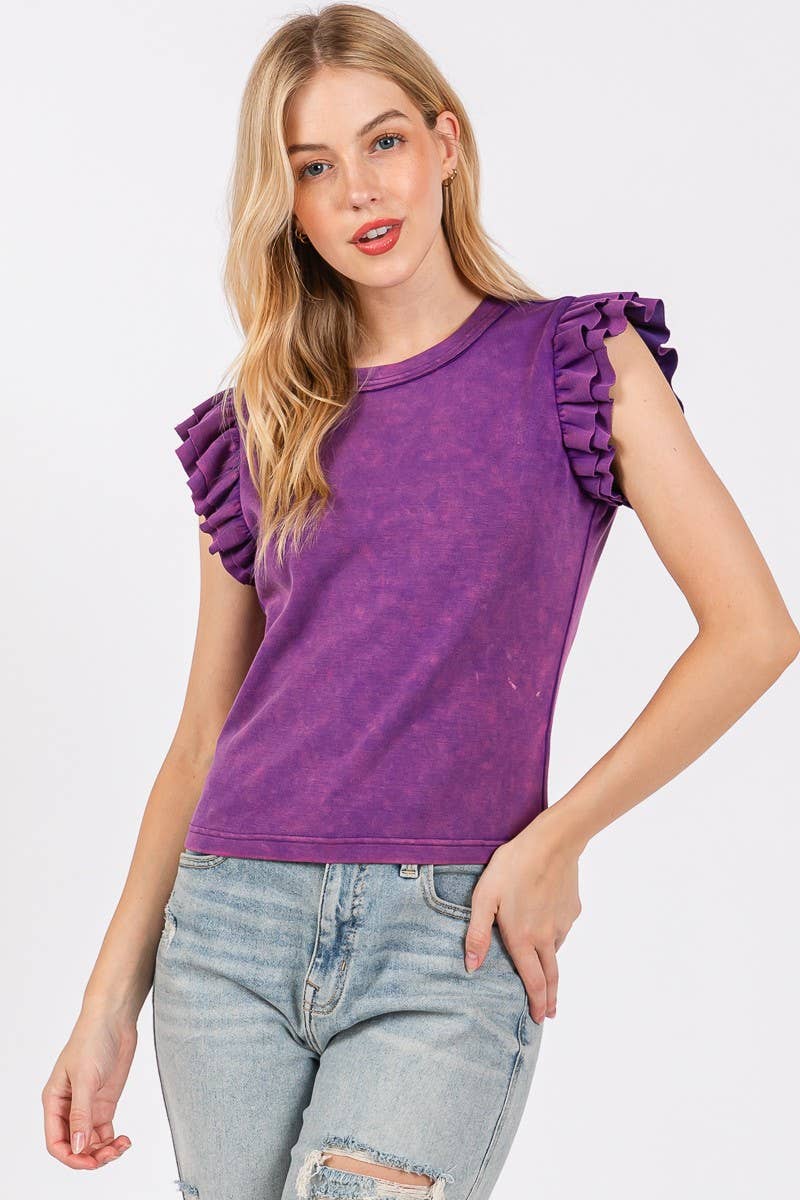 Washed Ruffle Sleeve Top
