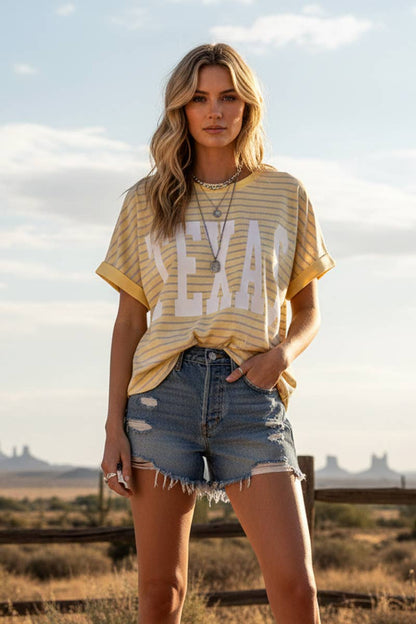 TERRY STRIPED TEXSAS PRINT TOP