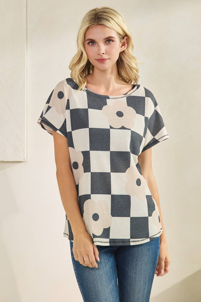 Floral Checkered Knit Top