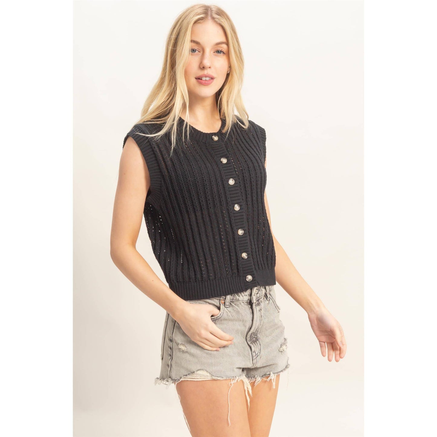 Sleeveless Ribbed Button Top