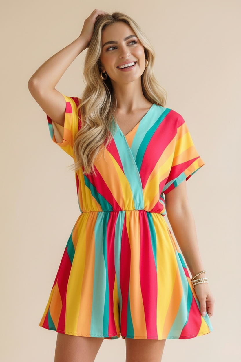 V Neck Multi Stripe Romper