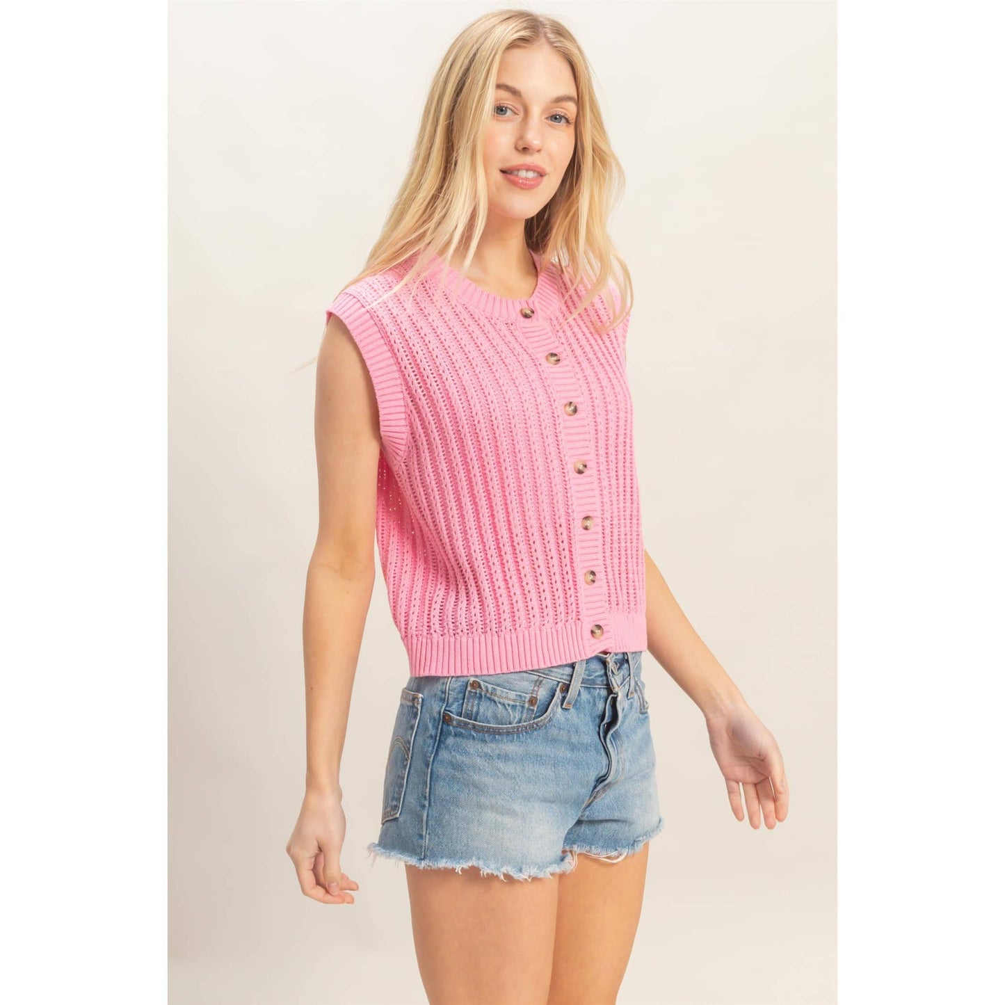 Sleeveless Ribbed Button Top