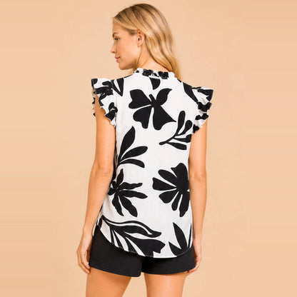 Bold Floral Print Flutter Sleeve Split Neck Blouse