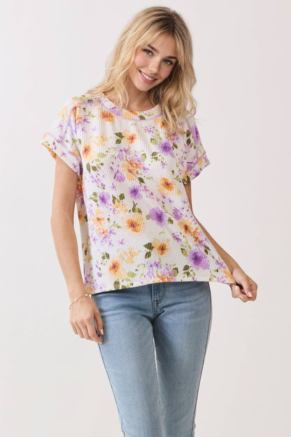 Floral Ribbed Short Sleeve Knit Top