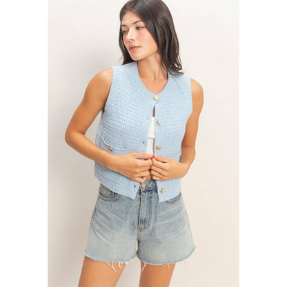 Textured Button Vest With Pocket