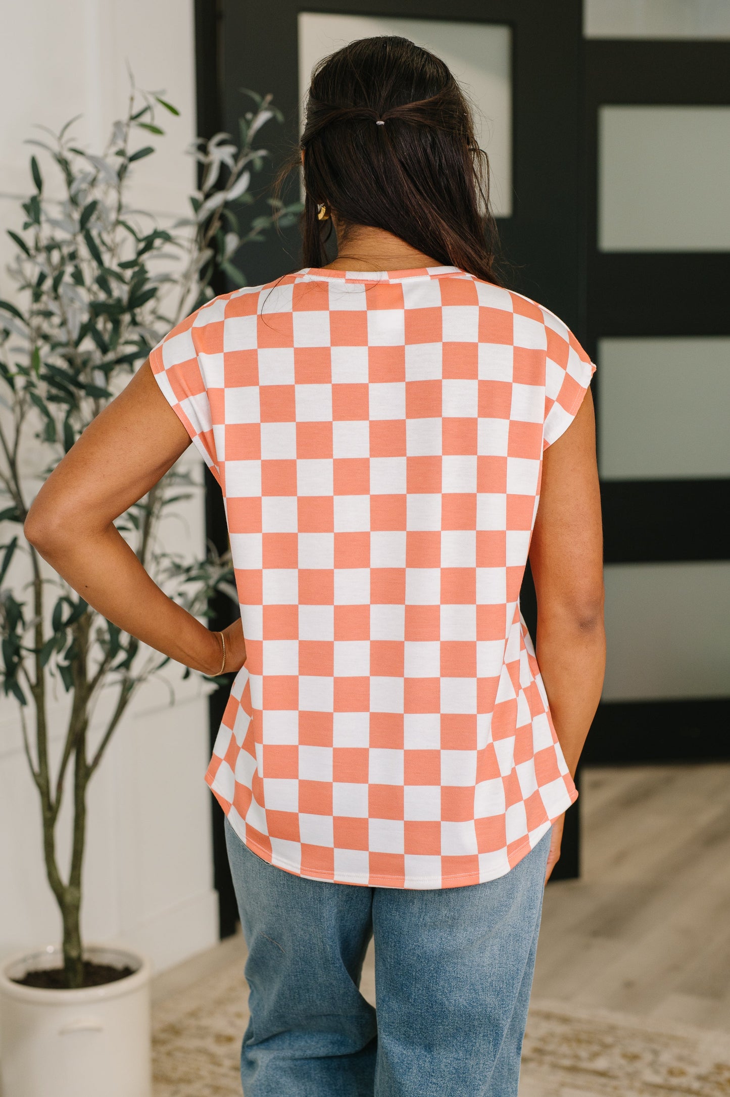 Check Hers Round Neck Top in Orange