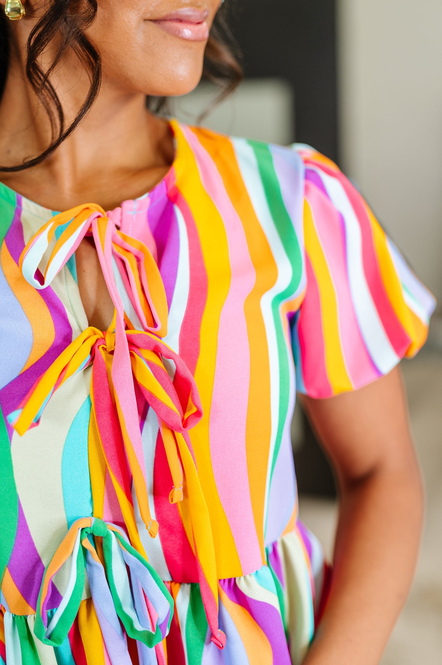 Chromatide Puff Sleeve Blouse in Mint/Orange