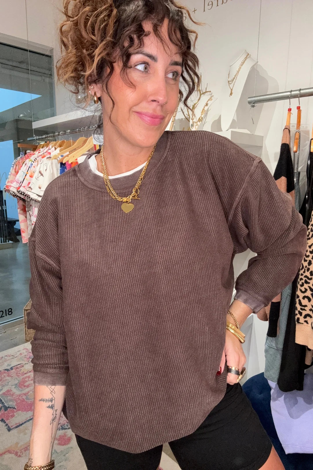 Corded Crew Neck- Chocolate