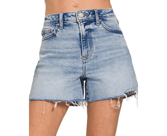 Medium Wash Raw Hem Denim Shorts