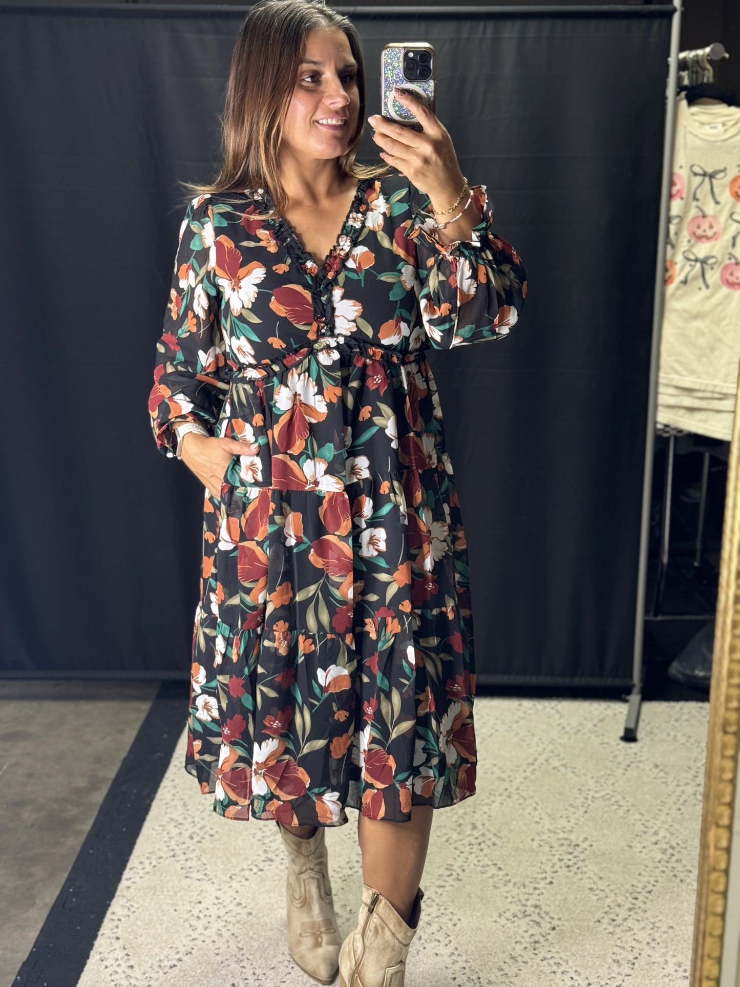 Black floral midi dress by Jodifl