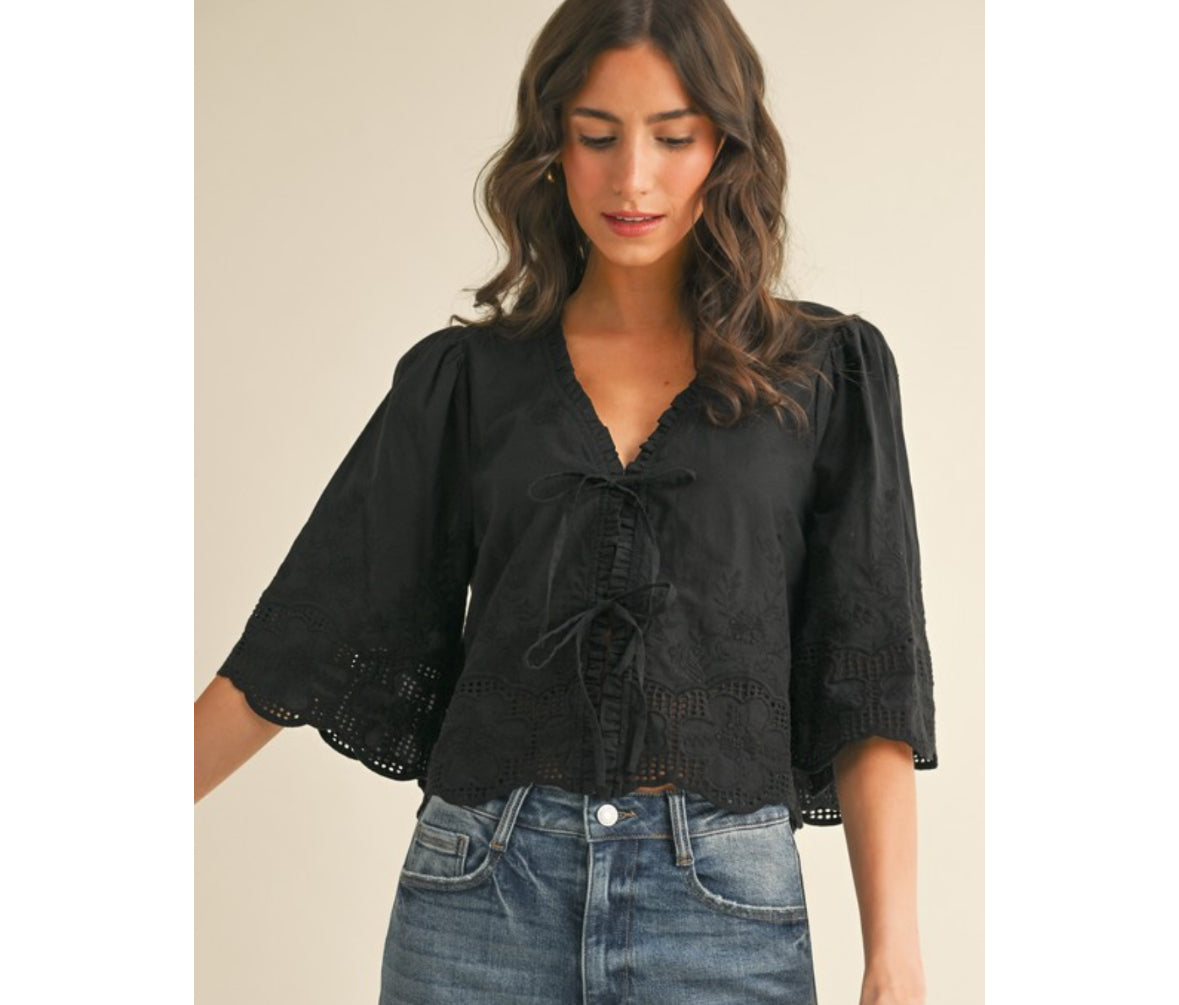 Embroidered Tie Front Top